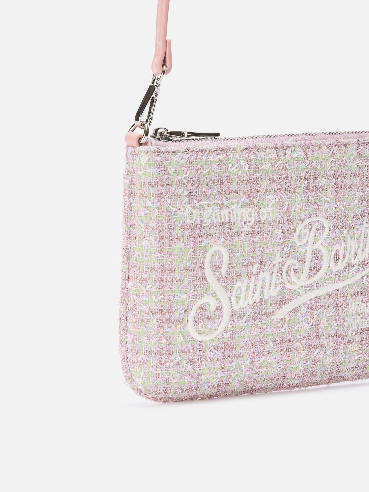 Rosafarbene Mini Parisienne Schultertasche aus Tweed mit Logo-Stickerei 