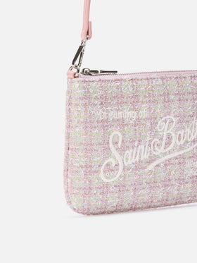 Rosafarbene Mini Parisienne Schultertasche aus Tweed mit Logo-Stickerei 