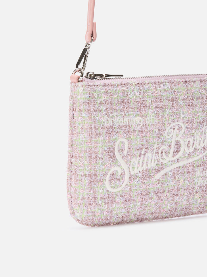 Rosafarbene Mini Parisienne Schultertasche aus Tweed mit Logo-Stickerei 