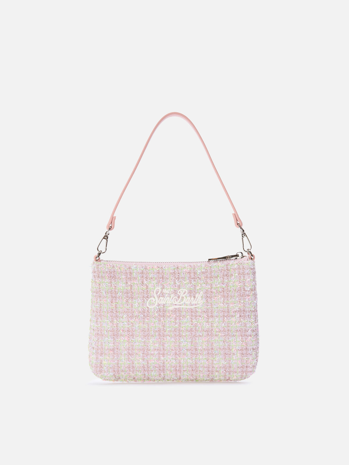 Rosafarbene Mini Parisienne Schultertasche aus Tweed mit Logo-Stickerei 