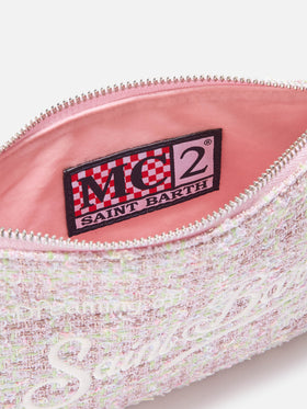 Rosafarbene Mini Parisienne Schultertasche aus Tweed mit Logo-Stickerei 