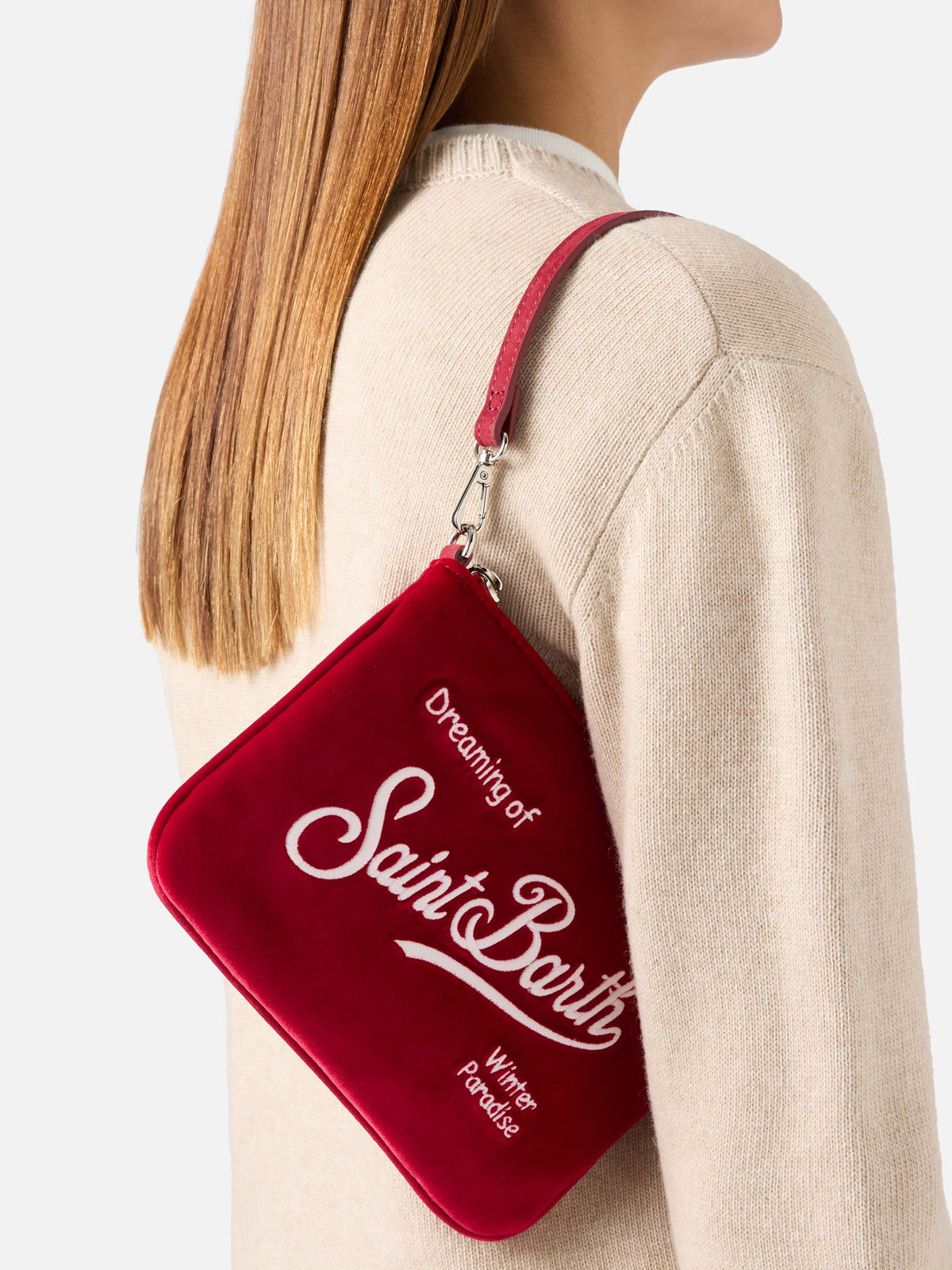 Bolso de hombro Bordeaux Mini Parisienne de terciopelo con bordado del logotipo 