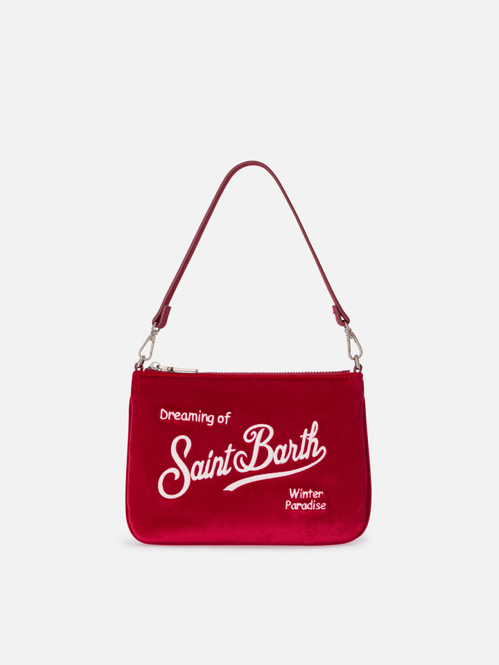 Borsa a spalla Mini Parisienne bordeaux in velluto con ricamo logo