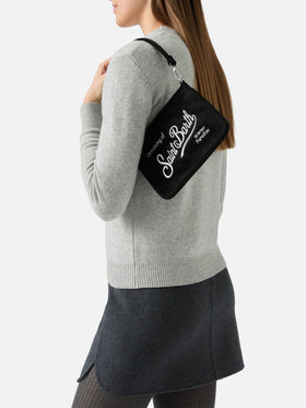 Mini sac porté épaule Parisienne noir en velours avec logo brodé 