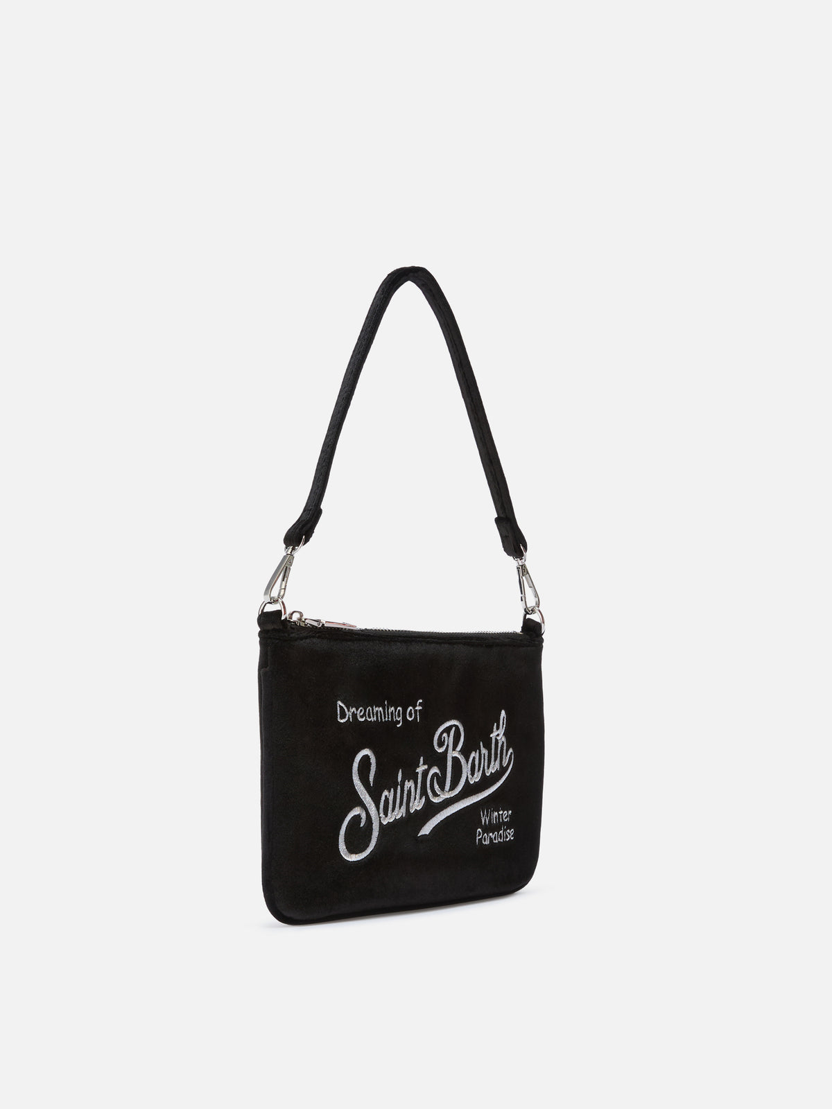 Mini sac porté épaule Parisienne noir en velours avec logo brodé 