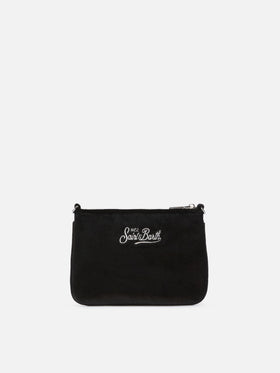 Mini sac porté épaule Parisienne noir en velours avec logo brodé 