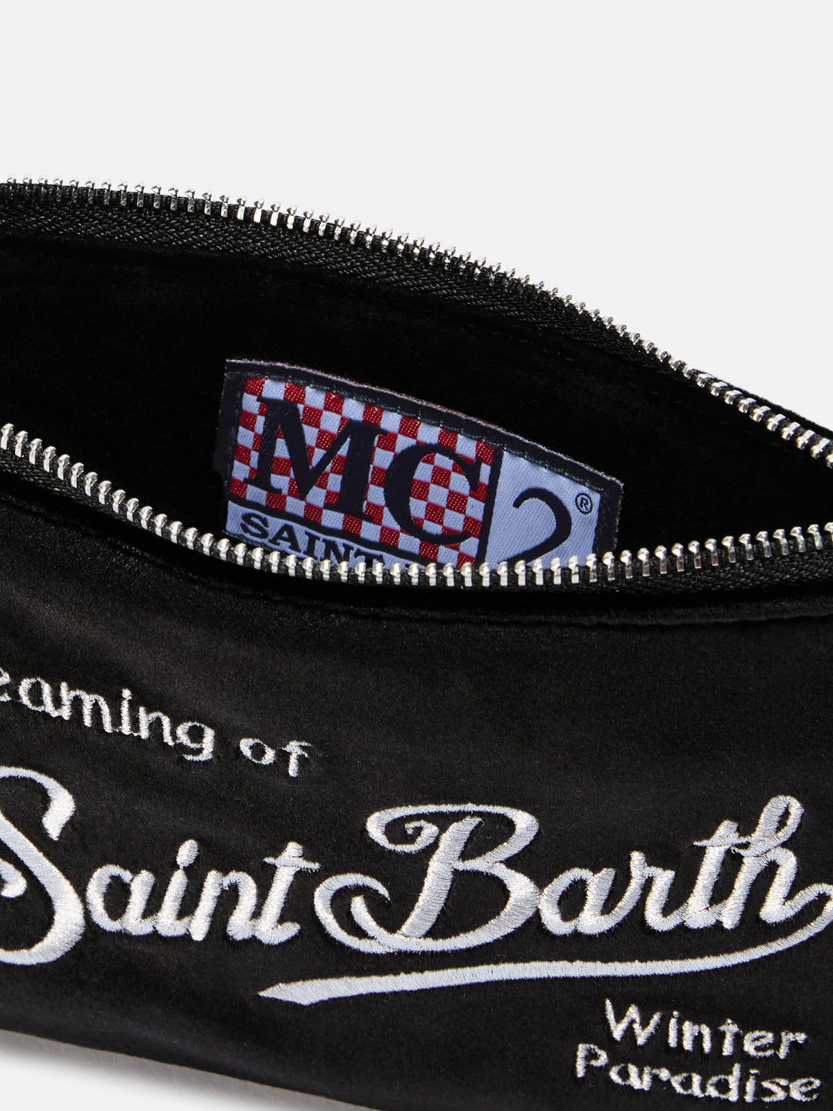 Mini sac porté épaule Parisienne noir en velours avec logo brodé 