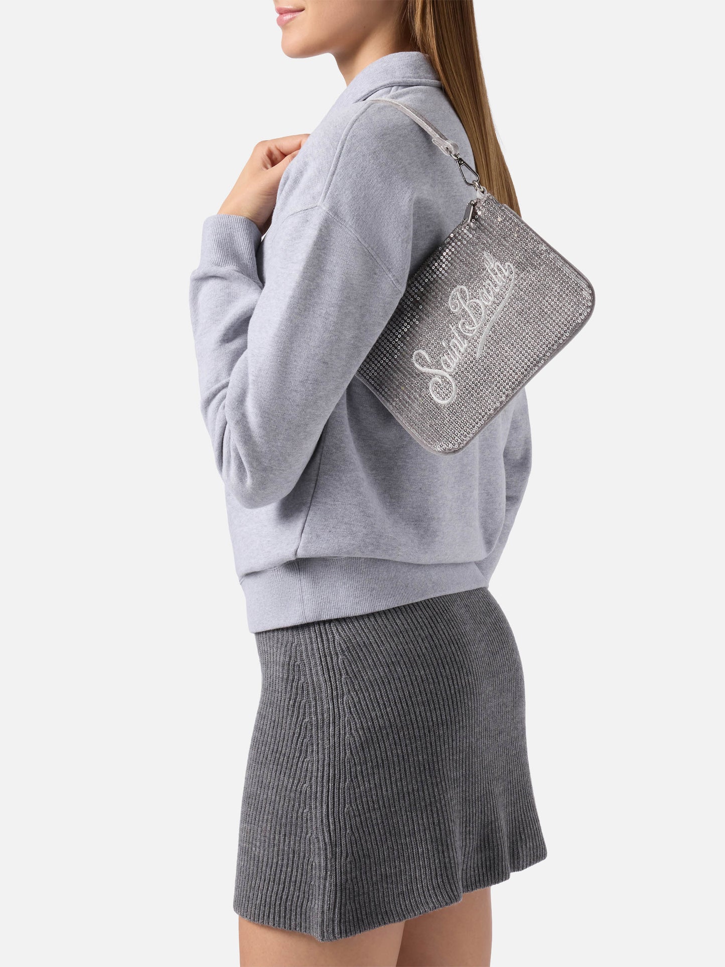 Parisienne Mini Shoulder Bag in gray velvet with sequins