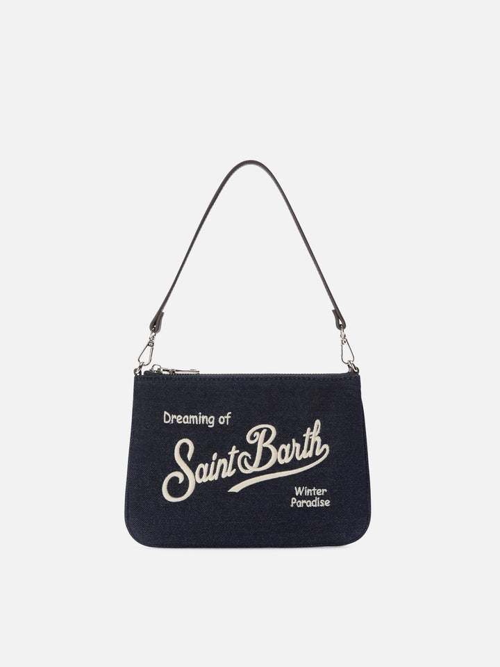 Borsa a spalla Mini Parisienne blu in denim con ricamo logo
