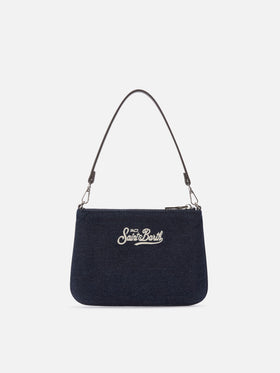 Blue Mini Parisienne denim shoulder bag with logo embroidery