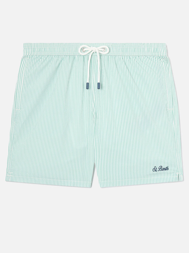 Patmos seersucker striped swim shorts in sage green and white