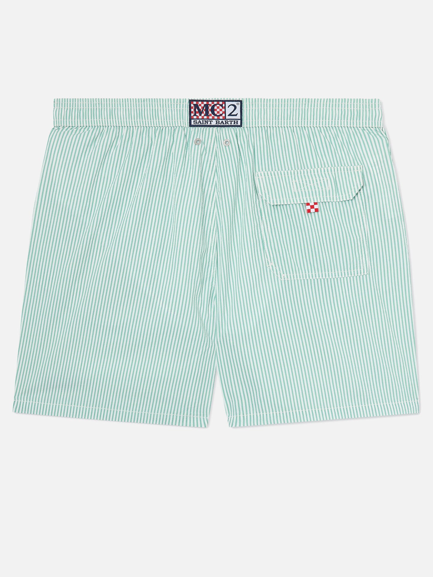 Patmos Badeshorts aus gestreiftem Seersucker in Salbeigrün und Weiß 
