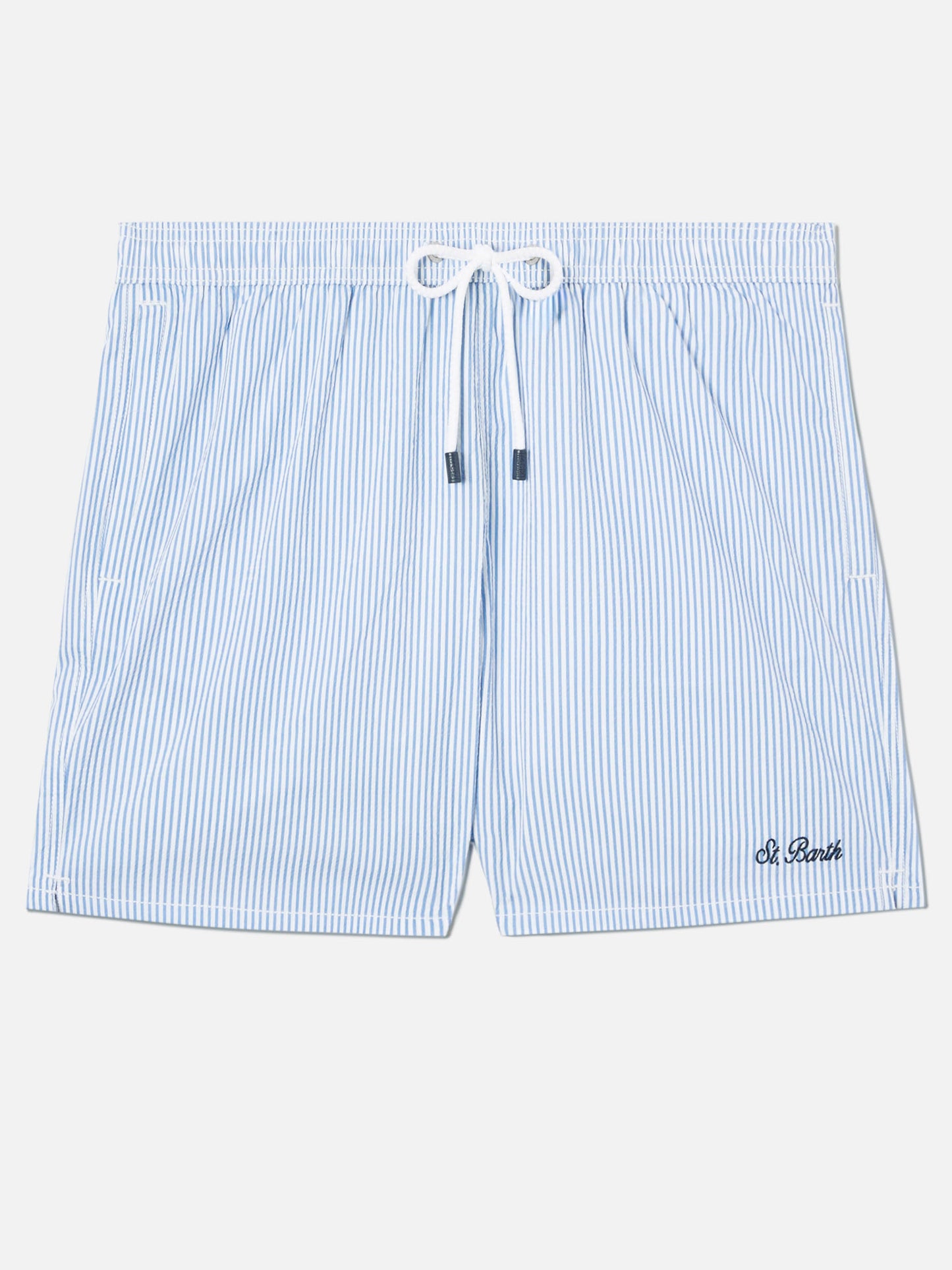 Patmos seersucker striped swim shorts in blue and white