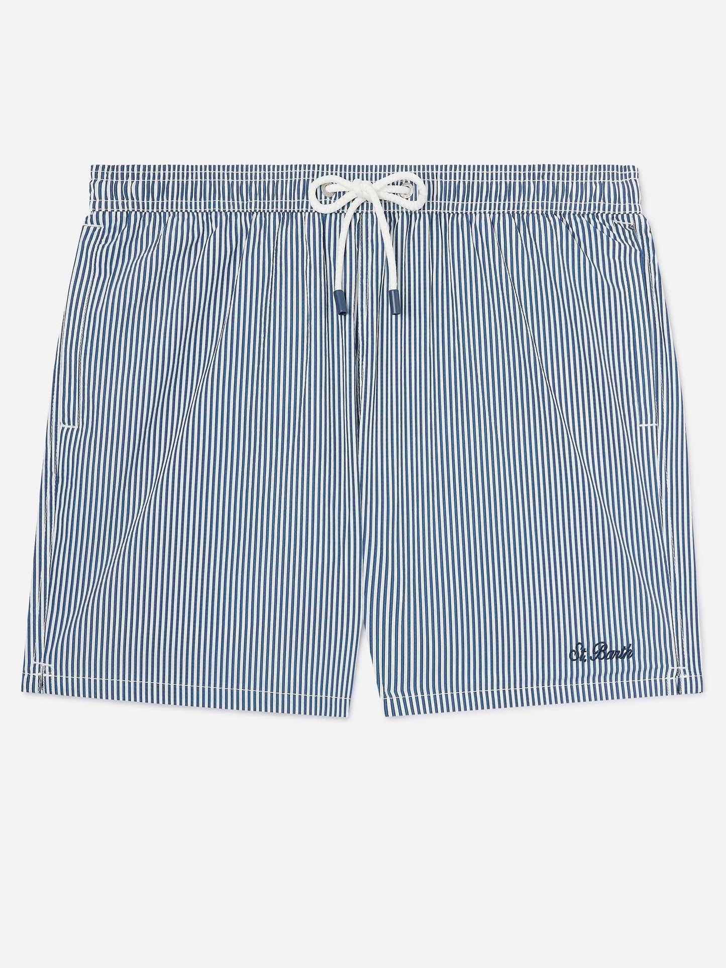 Gestreifte Patmos Badeshorts aus Seersucker in Navyblau und Weiß 