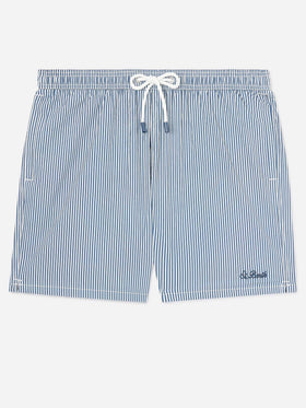 Patmos seersucker striped swim shorts in navy blue and white