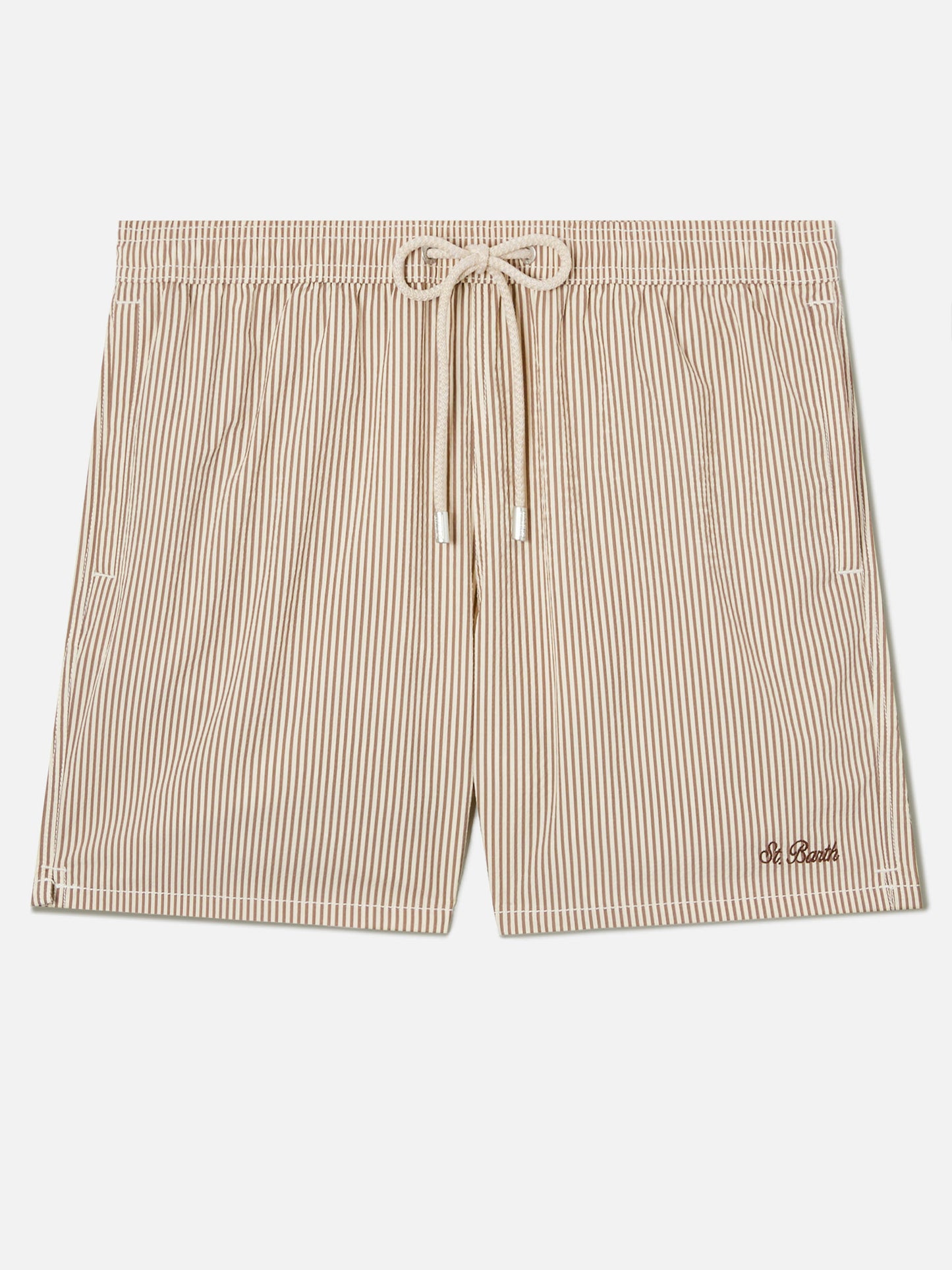 Patmos seersucker striped swim shorts in brown and white