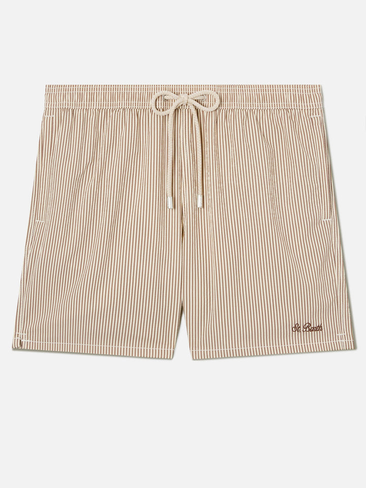 Patmos seersucker striped swim shorts in brown and white
