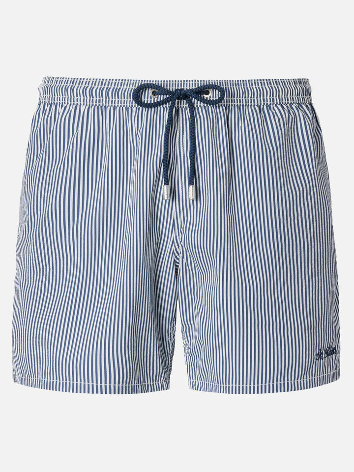 Seersucker navy blue striped classic light swim shorts Patmos