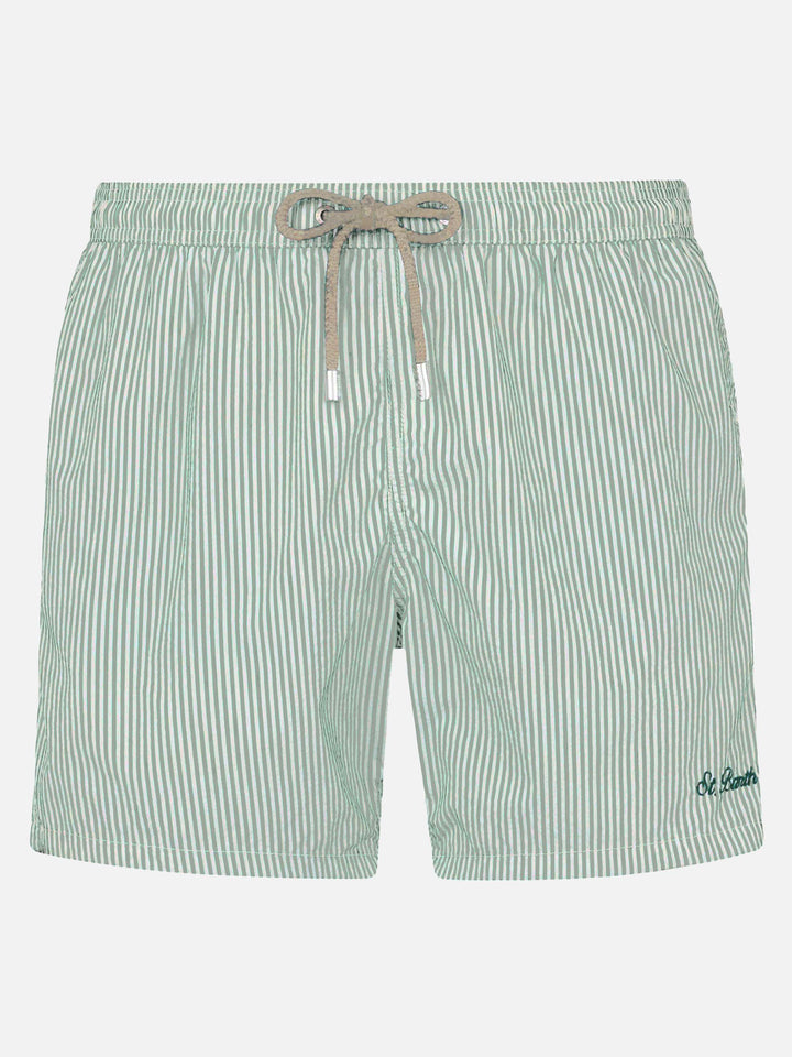 Seersucker sage green striped classic light swim shorts Patmos