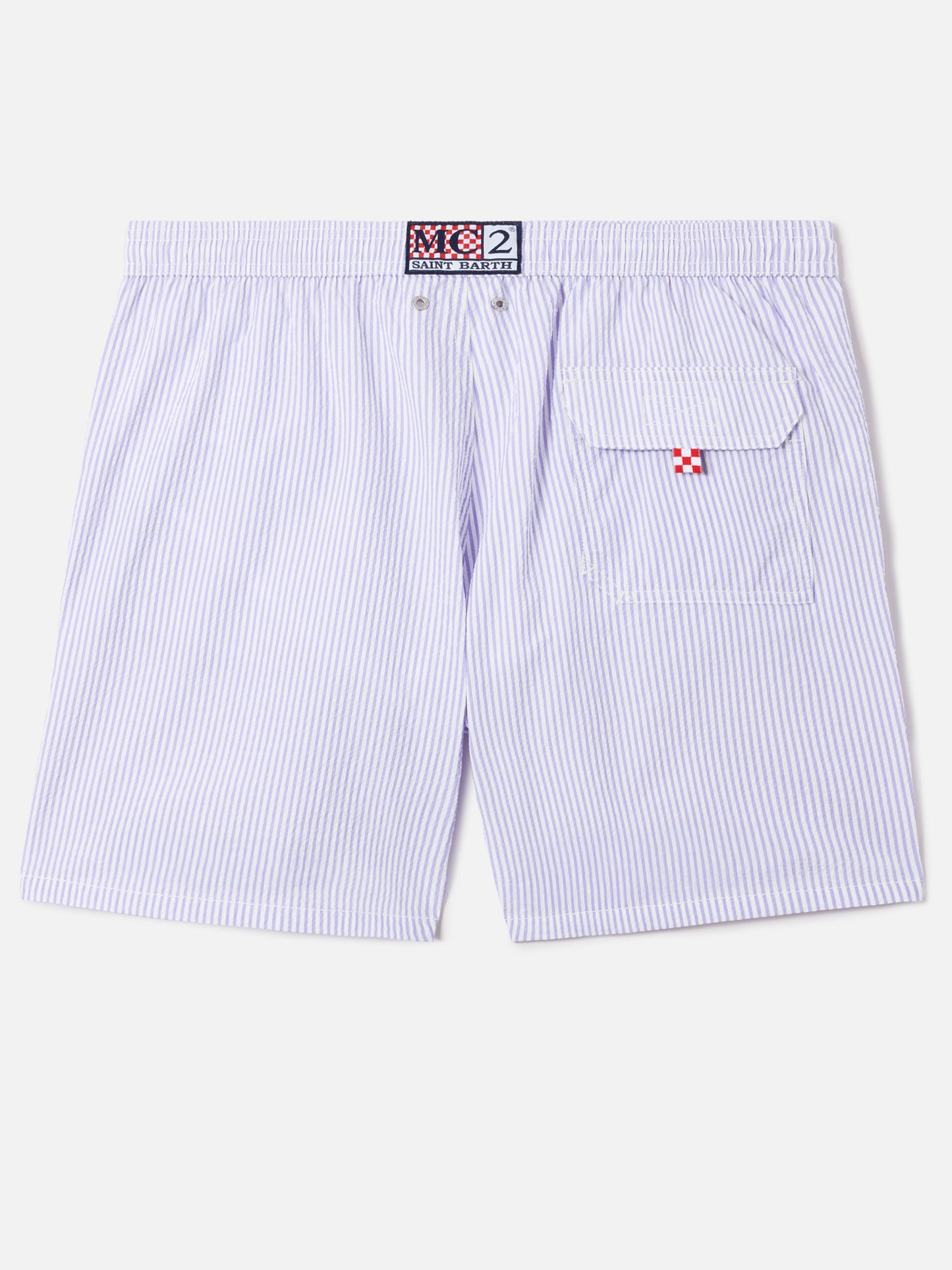 Patmos seersucker striped swim shorts in lilac and white