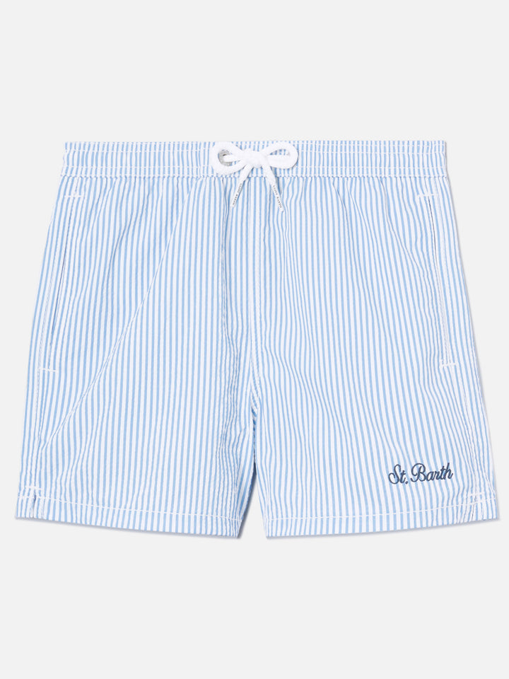 Patmos Jr seersucker swim shorts striped with St. Barth embroidery
