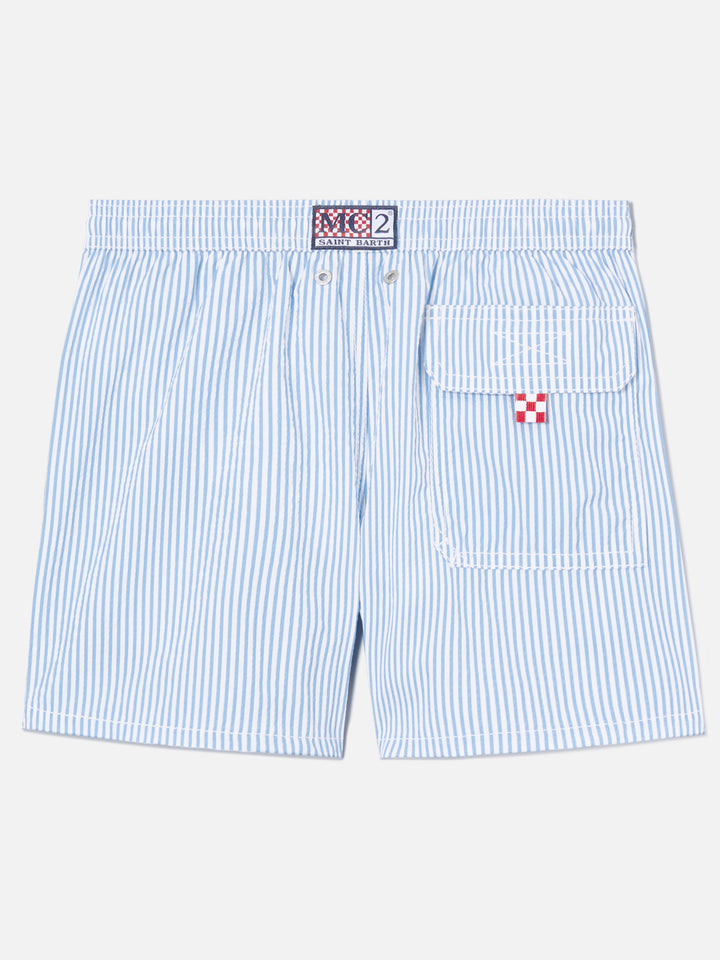 Patmos Jr seersucker swim shorts striped with St. Barth embroidery