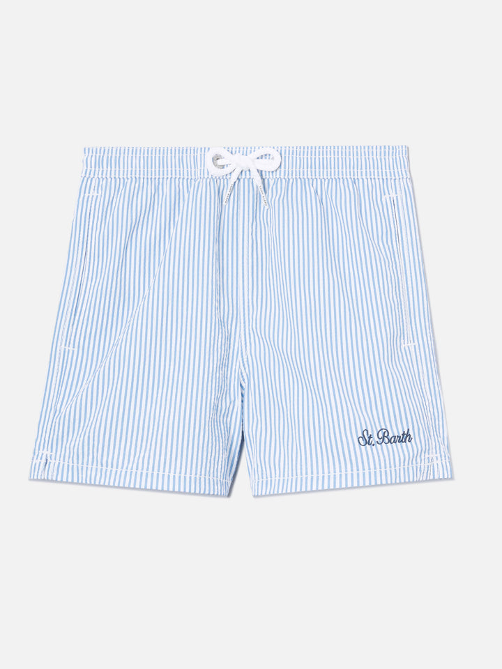 Patmos Jr seersucker swim shorts striped with St. Barth embroidery