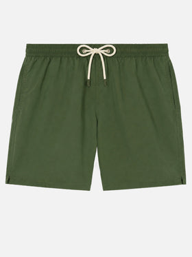 Short de bain Patmos vert militaire avec effet usé et logo brodé 