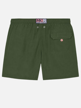 Short de bain Patmos vert militaire avec effet usé et logo brodé 