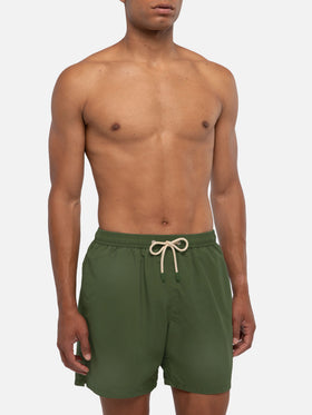 Short de bain Patmos vert militaire avec effet usé et logo brodé 
