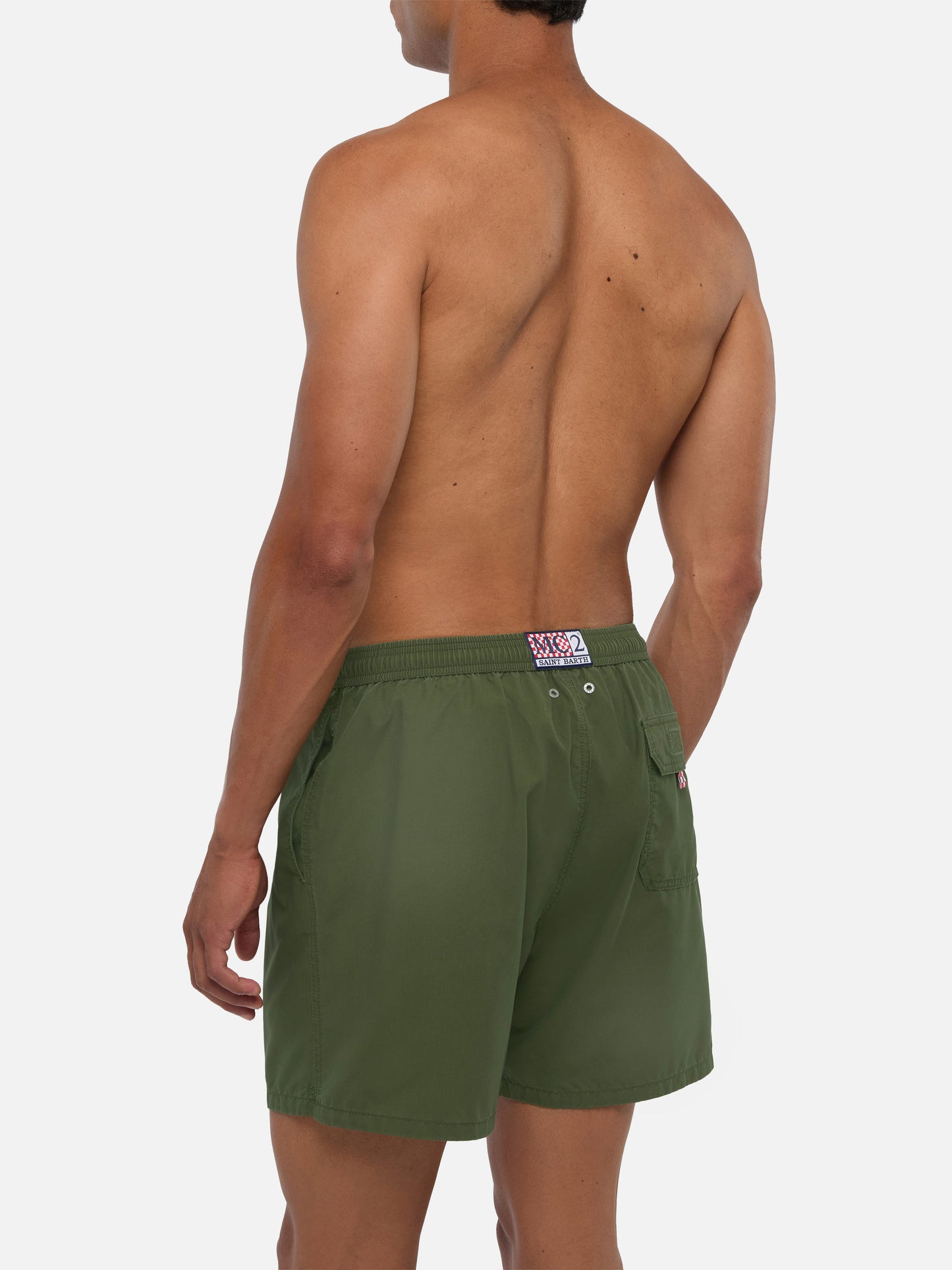 Short de bain Patmos vert militaire avec effet usé et logo brodé 