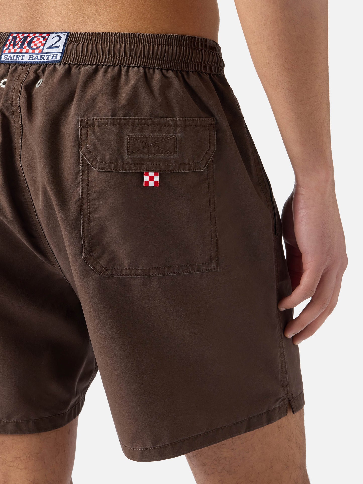 Short de bain Patmos marron avec effet usé et broderie logo 