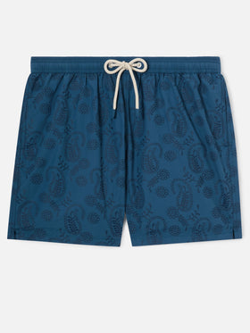 Patmos-Badeshorts aus blauem Sangallo mit Stickerei 