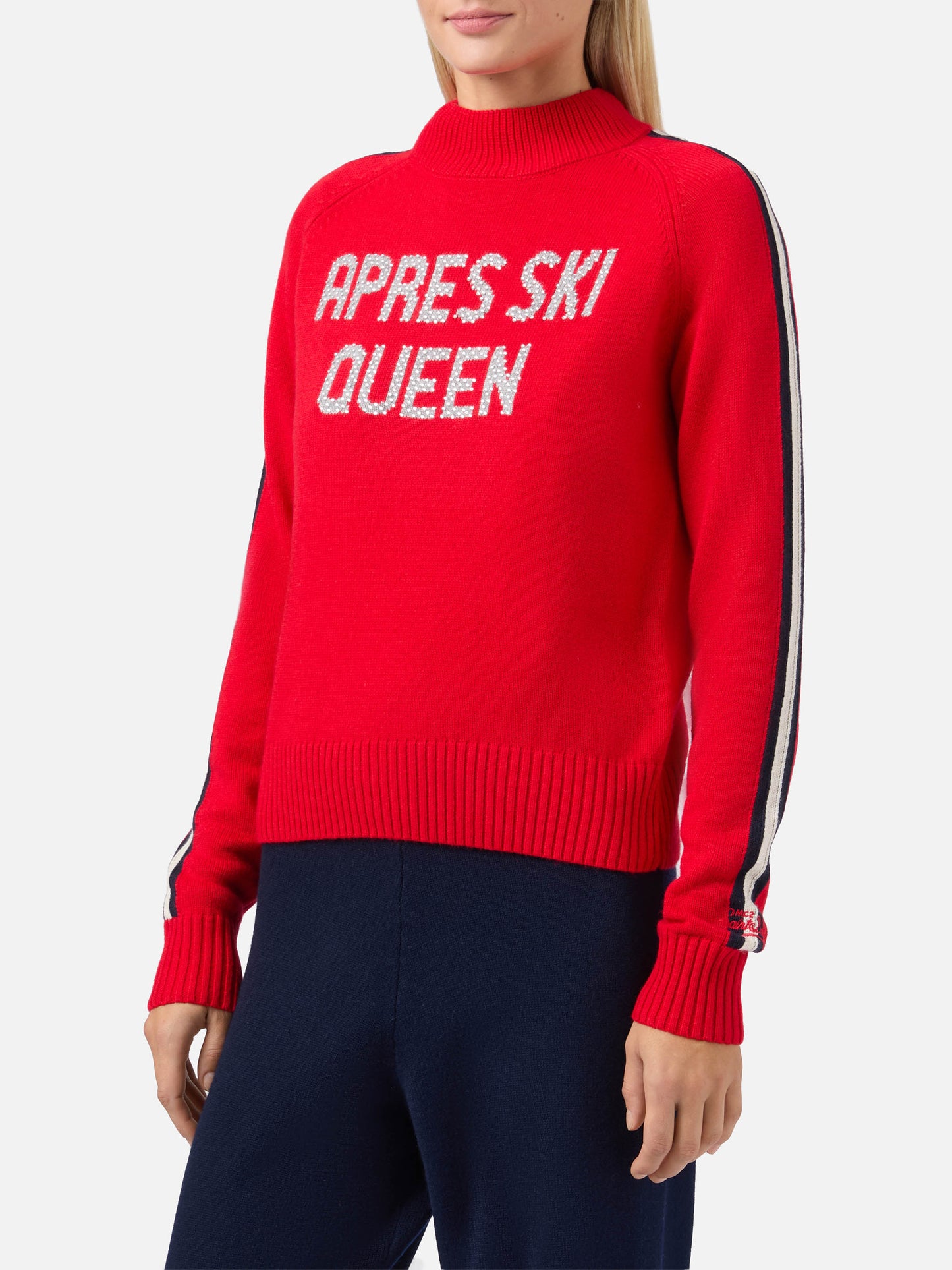 Peak cashmere-blend mock-neck sweater in red with Ski Lover rhinestone appliqué