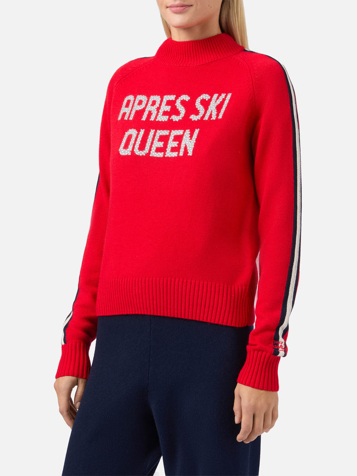 Peak cashmere-blend mock-neck sweater in red with Ski Lover rhinestone appliqué