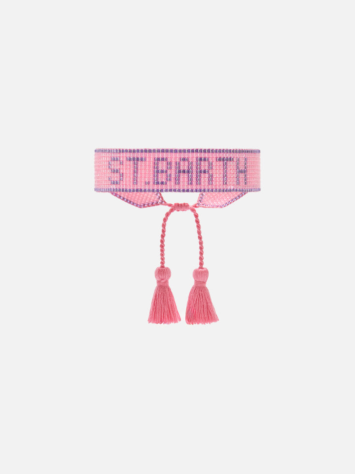 Bracciale in tessuto con lettering St. Barth in perline rosa e viola