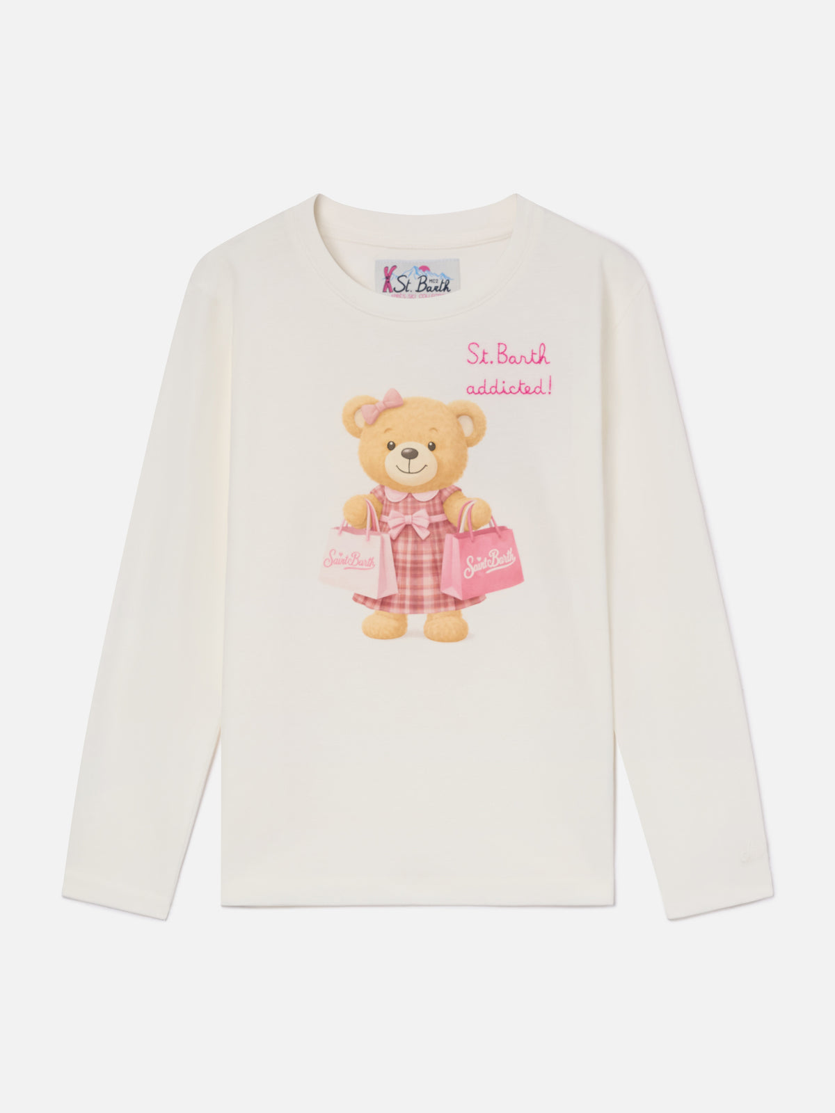 Camiseta de manga larga White Penny de algodón orgánico con estampado de oso de peluche 