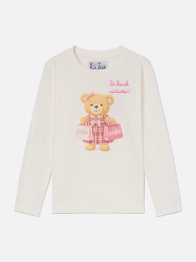 Camiseta de manga larga White Penny de algodón orgánico con estampado de oso de peluche 