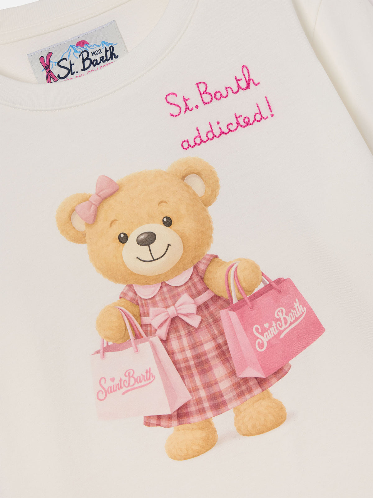 Camiseta de manga larga White Penny de algodón orgánico con estampado de oso de peluche 