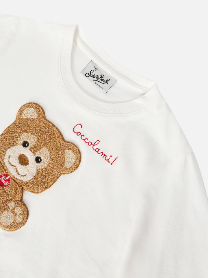 T-shirt Penny in cotone bianco a maniche lunghe con  applicazione in spugna orsetto Trudi | TRUDI SPECIAL EDITION
