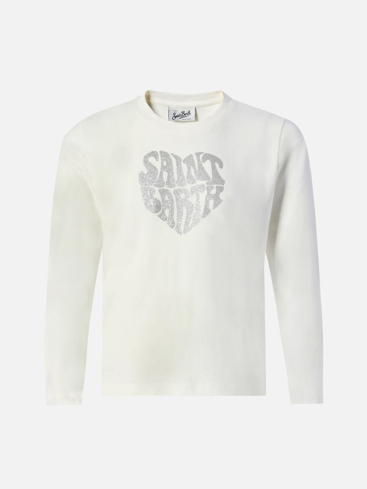 Penny long-sleeve cotton T-shirt in white with Saint Barth silver glitter print