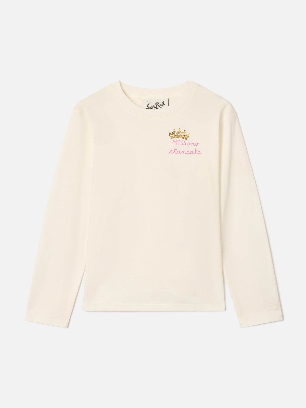 Cream Penny cotton long sleeve t-shirt with Miss Sono Stancata embroidery