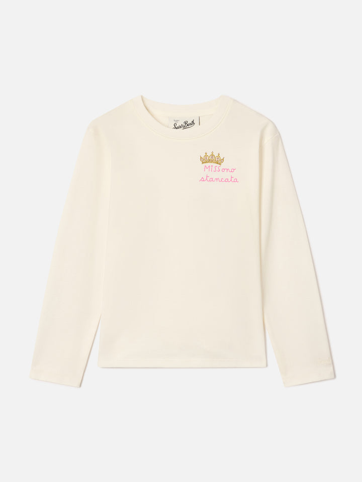 Cream Penny cotton long sleeve t-shirt with Miss Sono Stancata embroidery