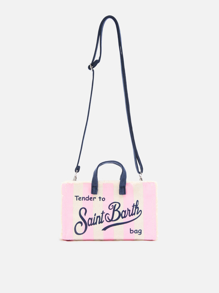 Mikro-Canvas-Tasche Phone mit weißen und rosa Streifen und kontrastierendem Logo 