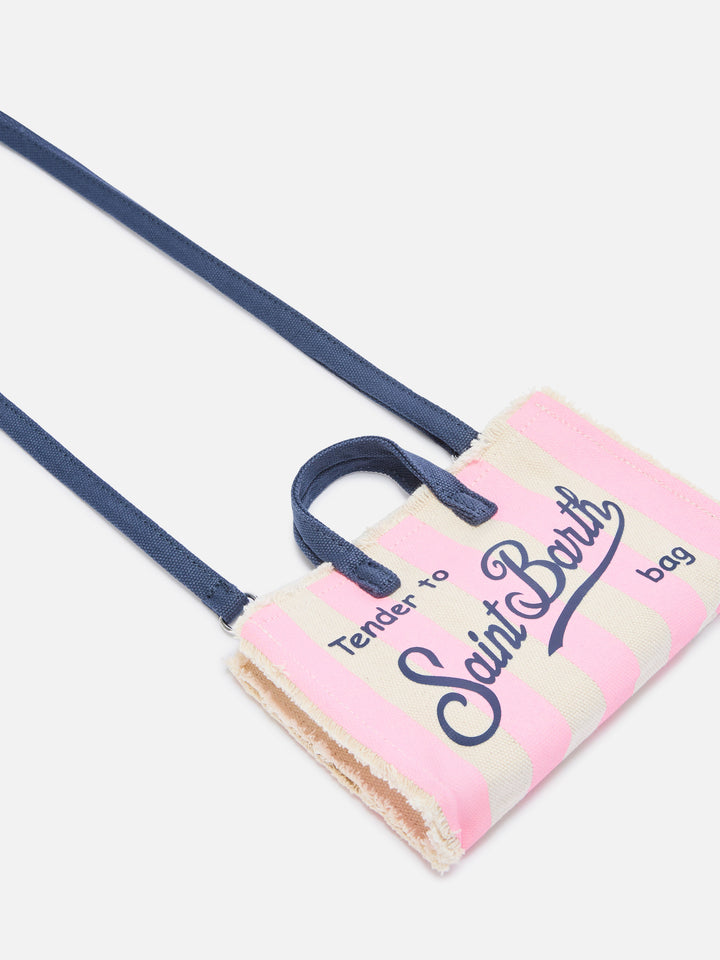Mikro-Canvas-Tasche Phone mit weißen und rosa Streifen und kontrastierendem Logo 