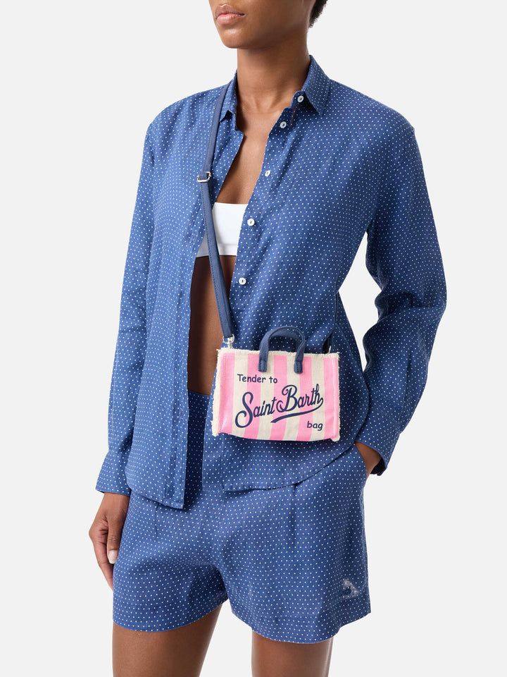 Mikro-Canvas-Tasche Phone mit weißen und rosa Streifen und kontrastierendem Logo 