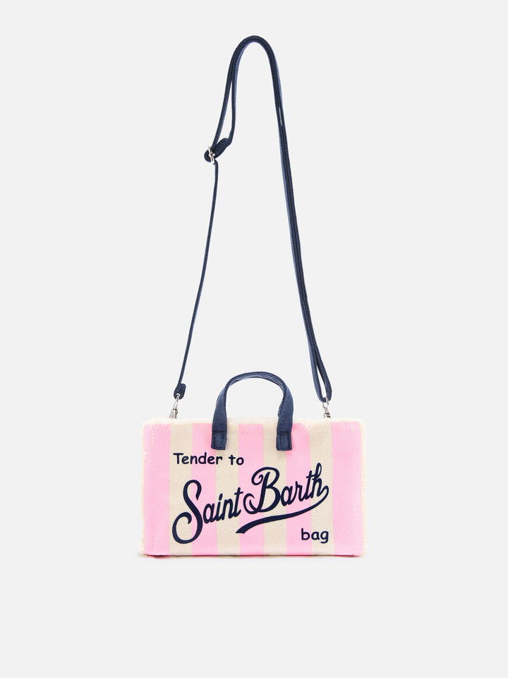 Mikro-Canvas-Tasche Phone mit weißen und rosa Streifen und kontrastierendem Logo 