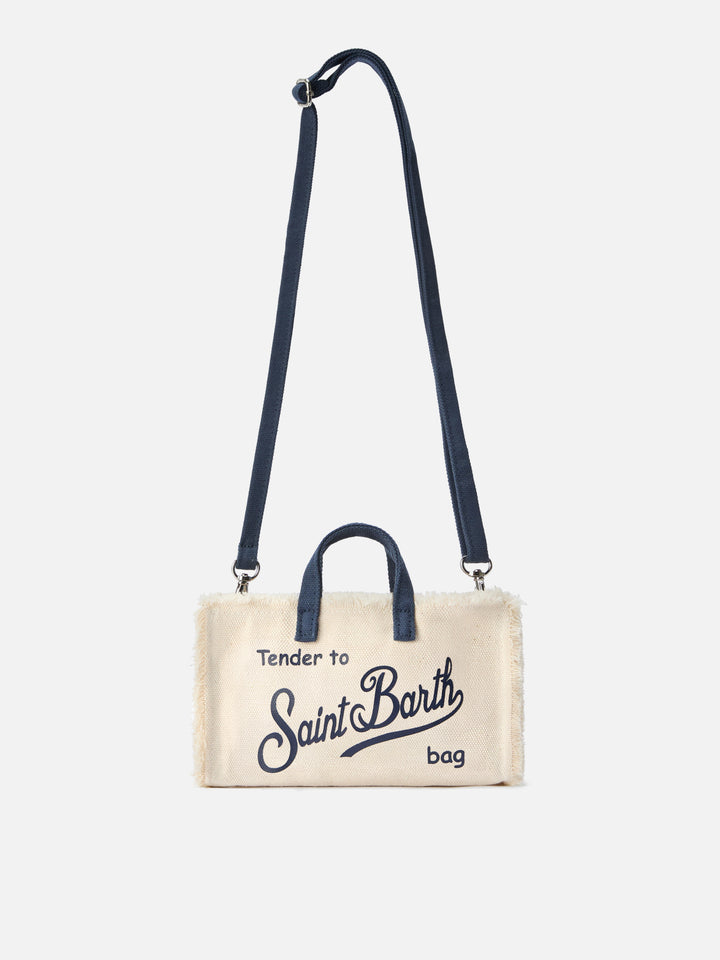 Borsa Phone micro in canvas bianco con dettagli blu e logo a contrasto