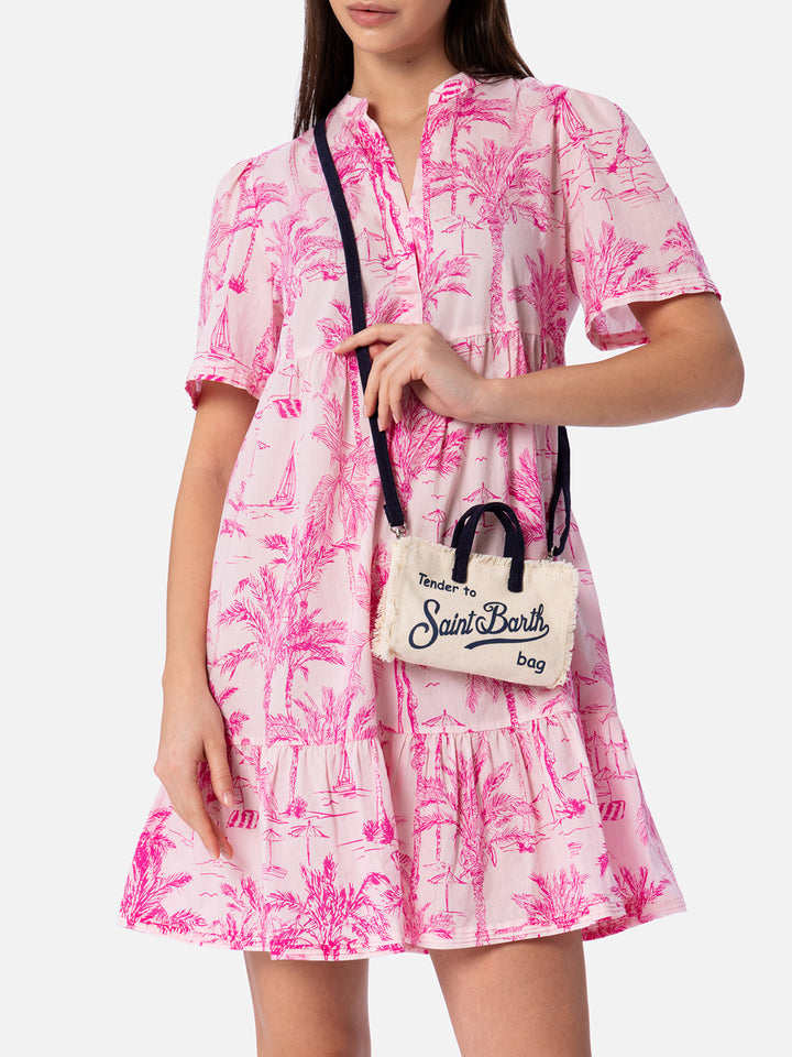 micro Phone canvas bag in white with blue details and contrasting logo