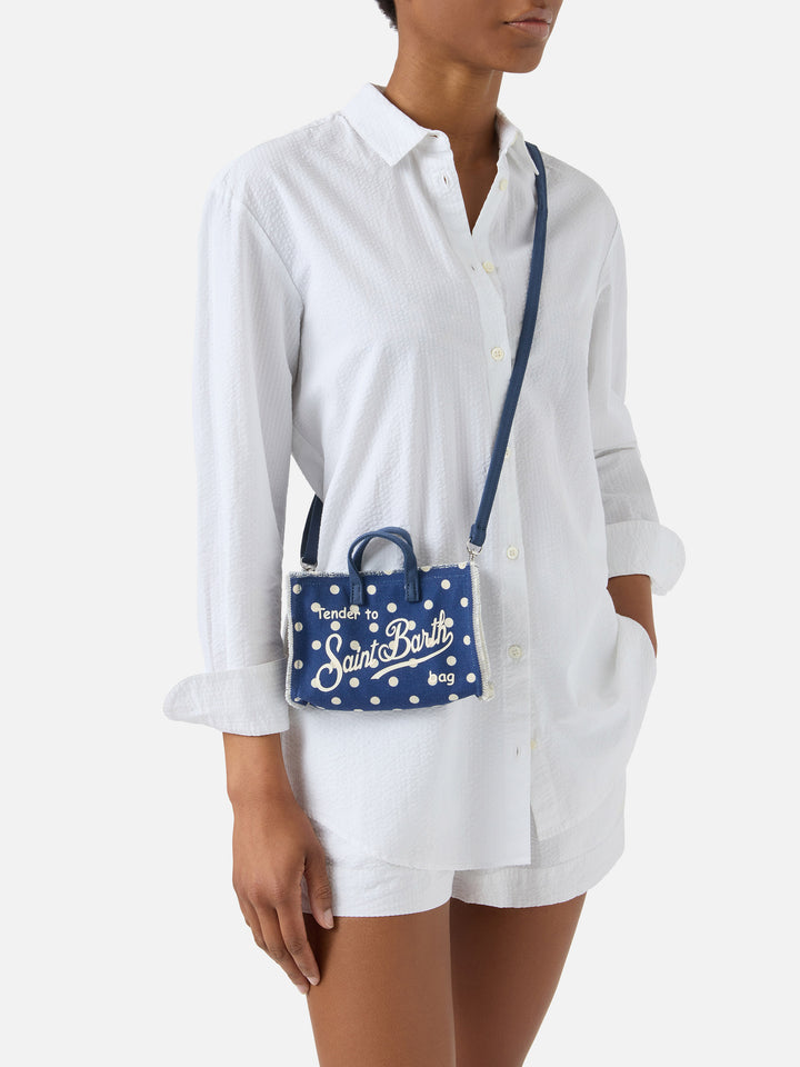 Micro Phone blue polka dot canvas bag with contrasting logo